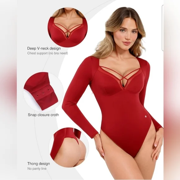 Popilush Women's Longsleeve Red V Neck Shapewear Tummy Control Bodysuit Size XXL - Picture 3 of 10